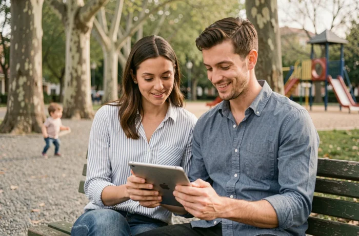Couple de parents consultant une application parentale sur tablette dans un parc urbain