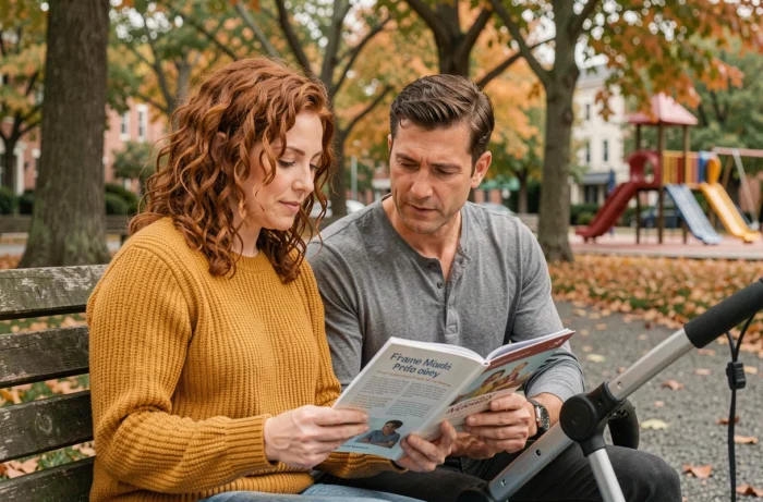 Couple de parents lisant un guide parental ensemble sur un banc dans un parc en automne