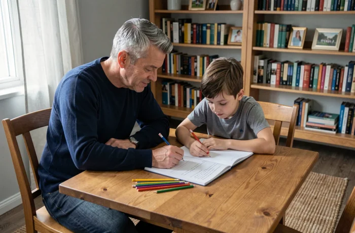 Père aidant son fils à faire ses devoirs à la table familiale dans un salon confortable