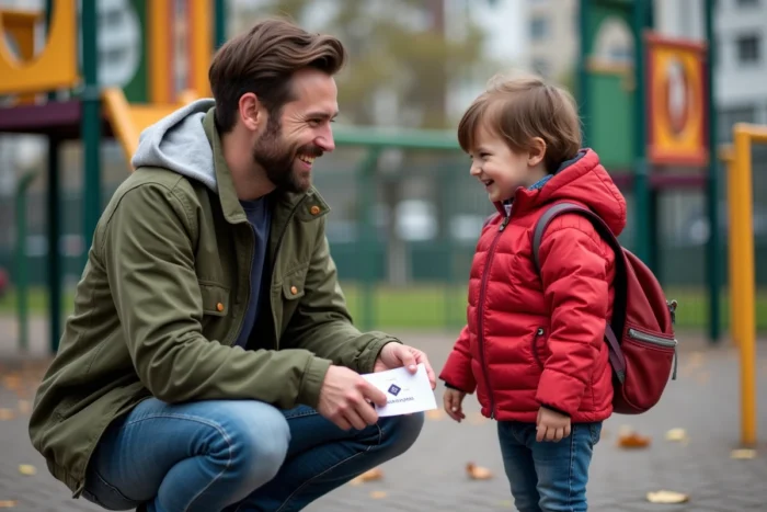 Père et enfant de 4 ans dans un parc tenant une enveloppe de prestations CAF