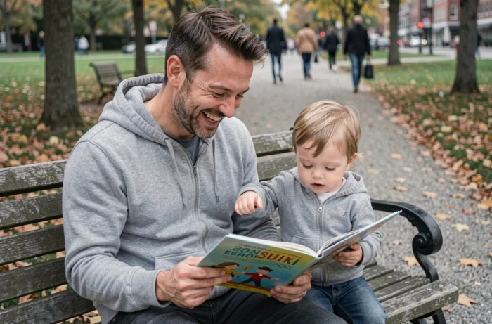Père détendu lisant un livre avec son bambin sur un banc de parc en automne — image illustrant la parentalité imparfaite et bienveillante