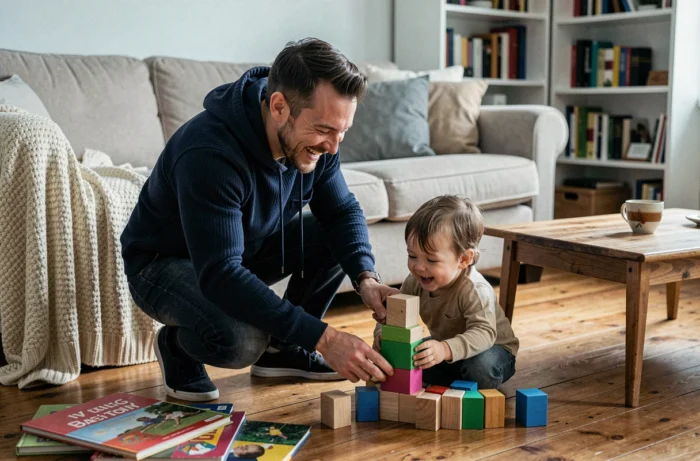 Père jouant avec son enfant en bas âge dans un salon familial chaleureux et authentique