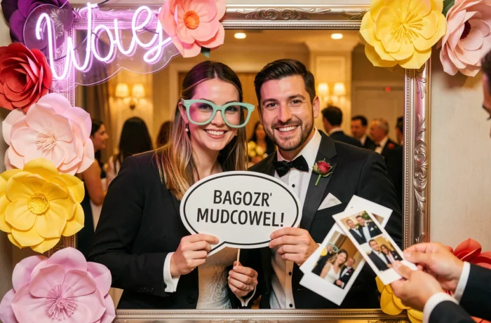 Couple d'invités posant dans un photobooth décoré avec accessoires personnalisés et photo instantanée lors d'un mariage