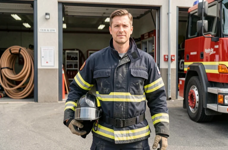 Pompier en uniforme devant une caserne de pompiers, illustrant le soutien aux services d'incendie via une cagnotte solidaire