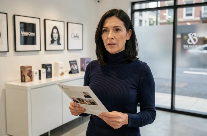 Portrait éditorial d'une cheffe d'entreprise dans sa boutique présentant les retours de sa clientèle