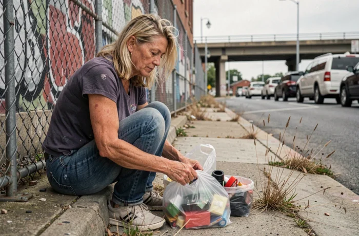 Portrait documentaire d'une femme aux cheveux blonds assise sur un trottoir urbain, triant ses affaires dans des sacs plastique, expression de résilience silencieuse