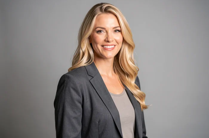 Portrait professionnel d'une femme blonde en blazer devant un fond gris studio, posture confiante évoquant une carrière dans la mode ou le divertissement