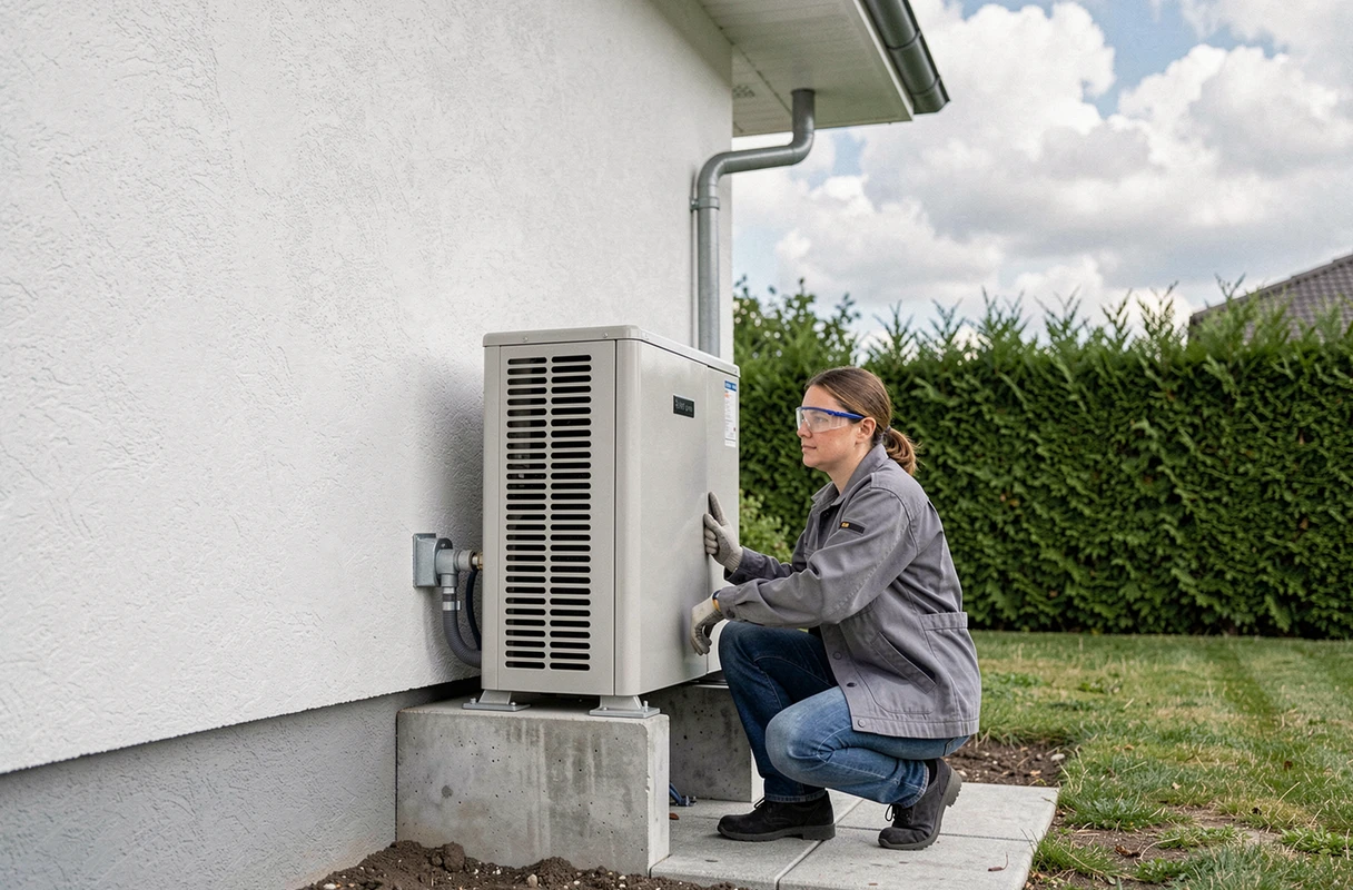 Technicienne posant une unité extérieure de climatisation sur un support mural en façade de maison