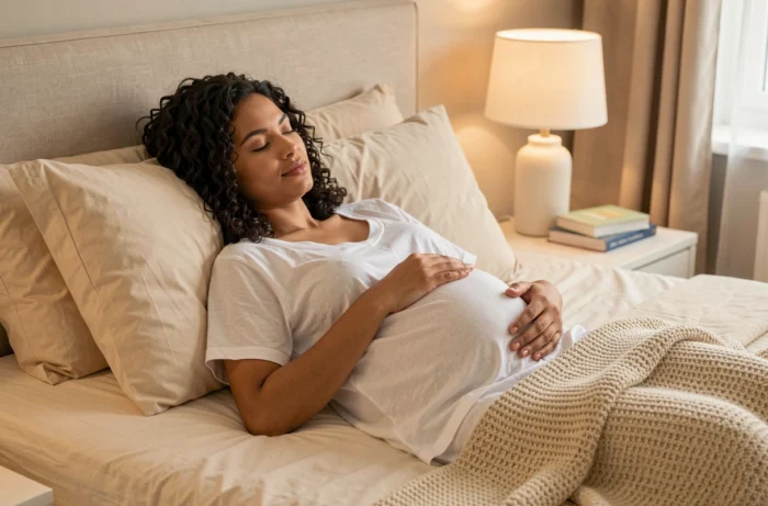 Femme enceinte en position semi-inclinée avec coussins de soutien pour soulager les symptômes du décollement placentaire et améliorer le confort de sommeil