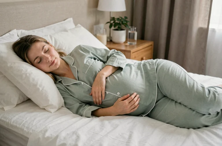 Femme enceinte allongée sur le côté gauche dans une position de sommeil recommandée en cas de décollement placentaire, avec oreiller de grossesse entre les genoux