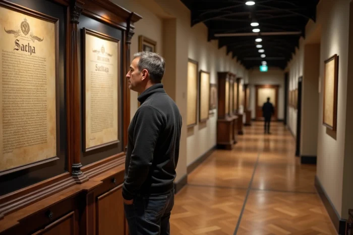 Homme adulte contemplant un document historique calligraphié avec le prénom Sacha dans un musée du patrimoine