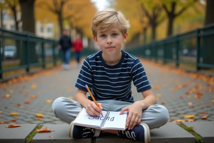 Enfant écrivant le prénom Sacha dans un carnet sur un banc de parc en automne, illustrant la popularité du prénom