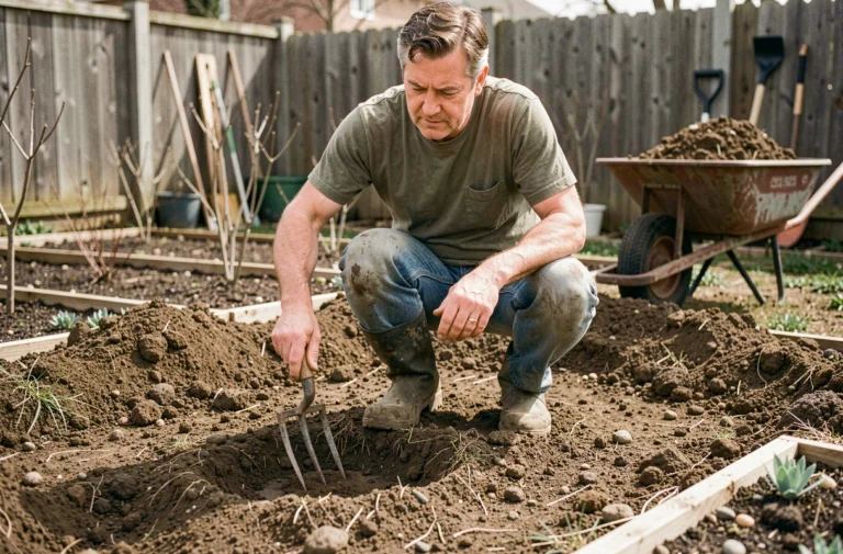 Homme retournant la terre d'un jardin avec une fourche avant de semer du gazon au printemps