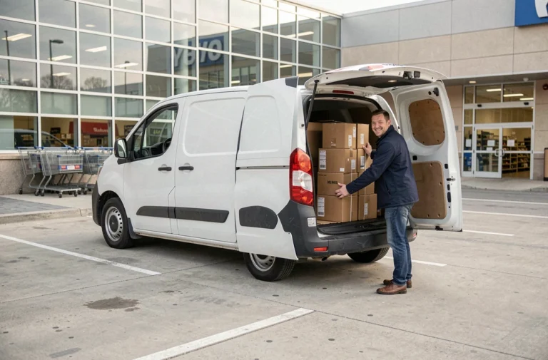 Homme chargeant des meubles en kit dans une camionnette blanche empruntée devant un magasin de grande surface