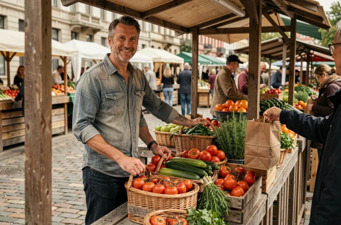 Producteur local vendant des légumes frais et de saison sur un marché agricole urbain
