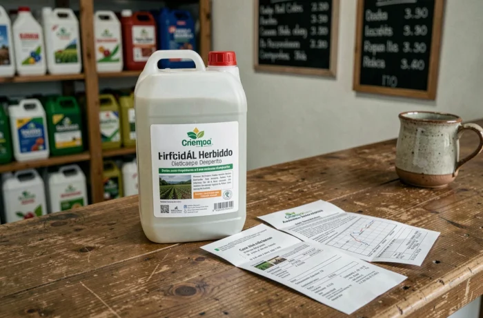 Bouteille de glyphosate 360 avec reçu d'achat et notice réglementaire sur un comptoir de coopérative agricole au Portugal