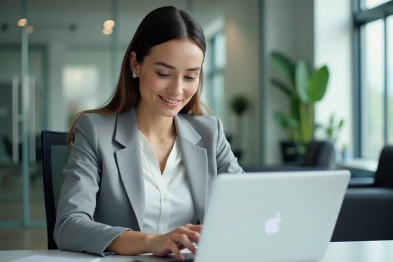 Professionnelle lisant un e-mail avec une formule de bonne réception sur son ordinateur portable au bureau