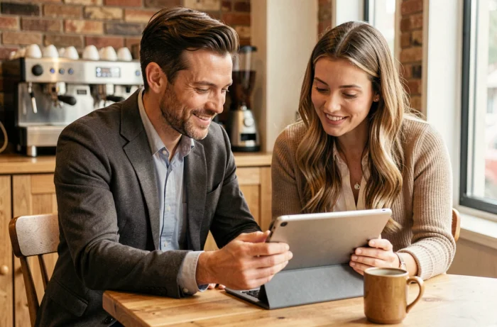 Deux professionnels consultant des offres d'emploi sur une tablette ensemble dans un café