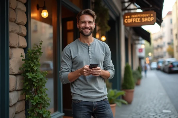 Propriétaire d'un café indépendant consultant les avis clients en ligne sur son smartphone devant la façade de son commerce pour booster sa réputation numérique locale