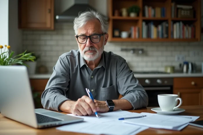 Propriétaire inquiet examinant des documents de location et une déclaration fiscale à la table de sa cuisine