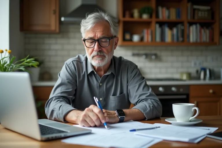 Propriétaire inquiet examinant des documents de location et une déclaration fiscale à la table de sa cuisine