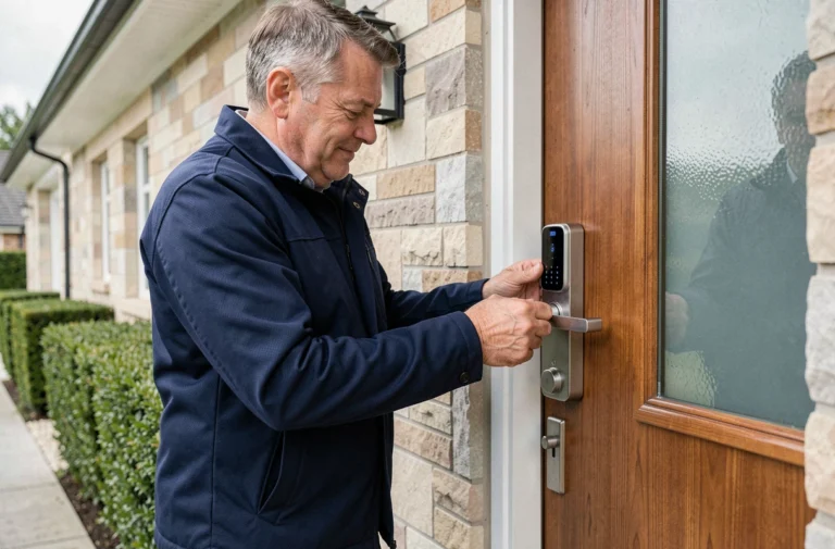 Propriétaire inspectant une serrure connectée sur la porte d'entrée de sa maison pour renforcer la sécurité immobilière