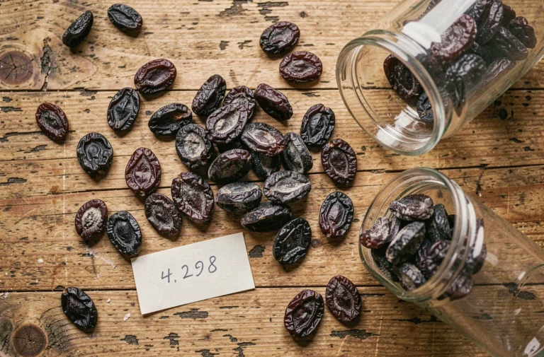 Pruneaux périmés sur une surface en bois rustique avec un bocal en verre et une étiquette de date, gros plan vue de dessus