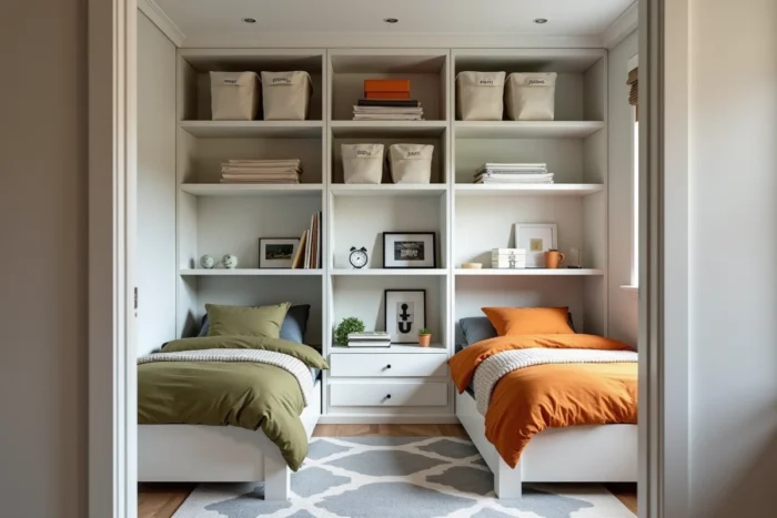 Système de rangement mural entre deux lits simples dans une petite chambre de garçons avec étagères MDF et bacs en tissu
