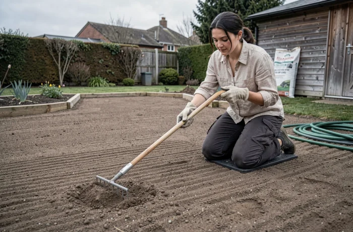 Femme ratissant et nivelant la surface de la terre d'un jardin pour préparer le semis de gazon