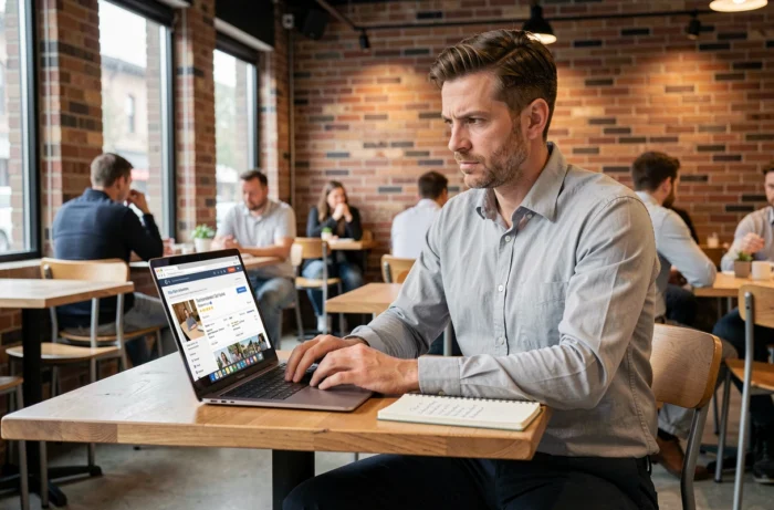 Un homme consulte des avis en ligne sur un café pour évaluer la réputation et la fiabilité d'une entreprise de logement