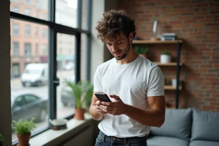 Homme vérifiant sa commande Zara sur smartphone pour initier un remboursement