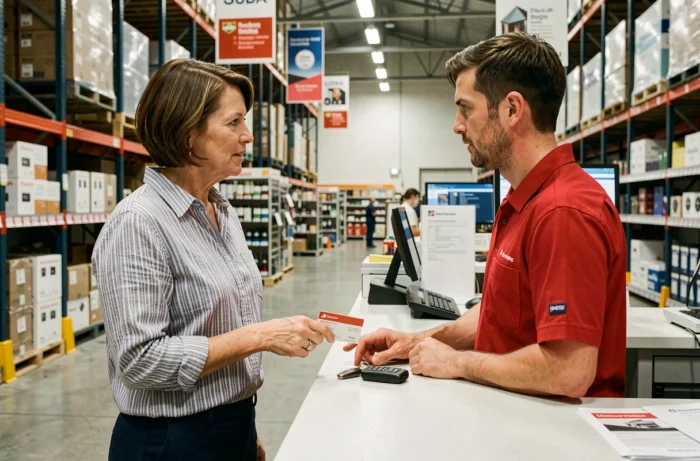 Cliente récupérant les clés d'une camionnette gratuite au comptoir de service d'un magasin de bricolage