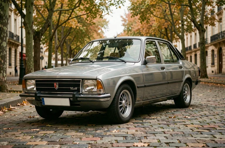 Renault 30 V8 argentée garée sur un boulevard parisien pavé, vue de trois quarts avant mettant en valeur la calandre chromée et le design carré typique des années 70