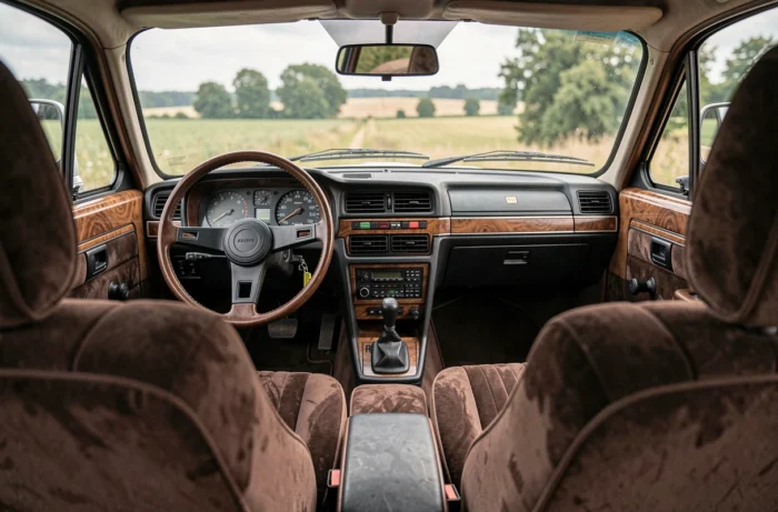 Intérieur de la Renault 30 V8 avec tableau de bord analogique, sièges en velours brun et volant d'époque, vue depuis la banquette arrière évoquant le confort des berlines françaises des années 70