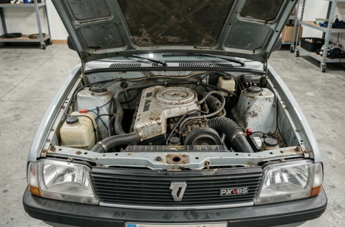 Compartiment moteur de la Renault 30 V8 avec le moteur PRV V6 apparent, capot ouvert dans un atelier, montrant les détails techniques et mécaniques authentiques de cette berline mythique