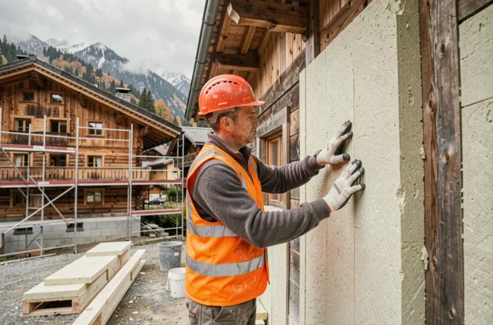 Ouvrier installant une isolation thermique sur la façade d'un chalet suisse en cours de rénovation énergétique