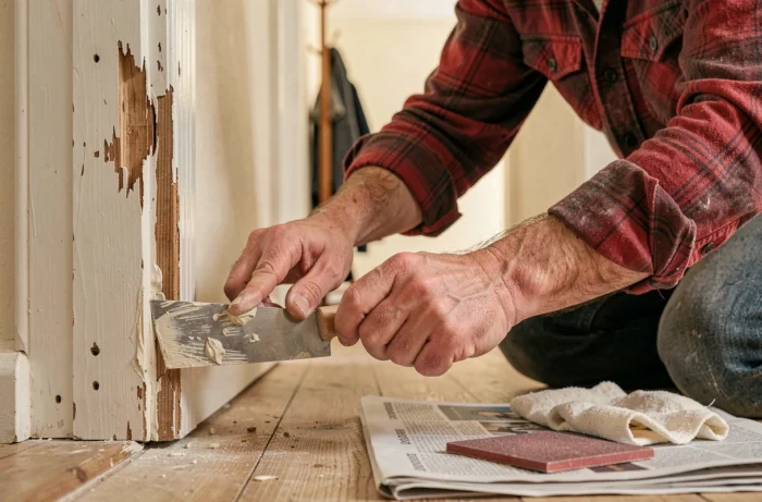 Gros plan sur des mains appliquant du mastic bois sur un chambranle de porte abîmé avec un couteau à enduire