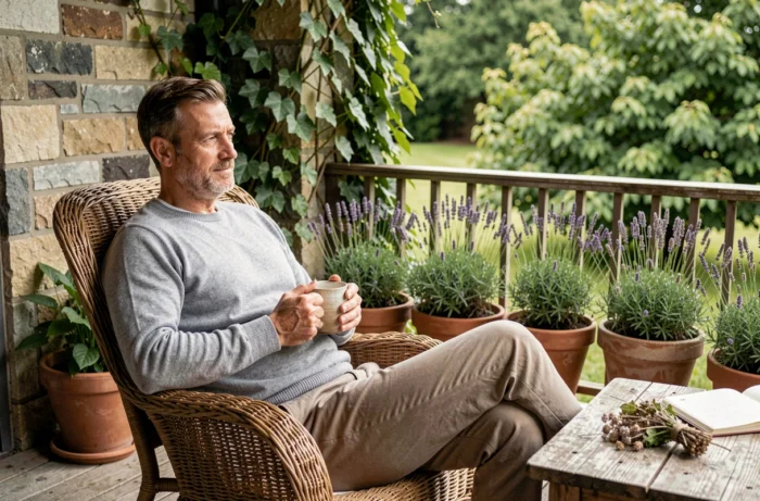 Homme se ressourçant en buvant une tisane sur une terrasse extérieure entourée d'un jardin verdoyant et de lavande