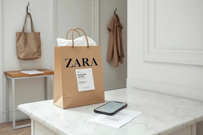 Colis Zara prêt à être retourné avec étiquette de retour et confirmation de remboursement sur téléphone