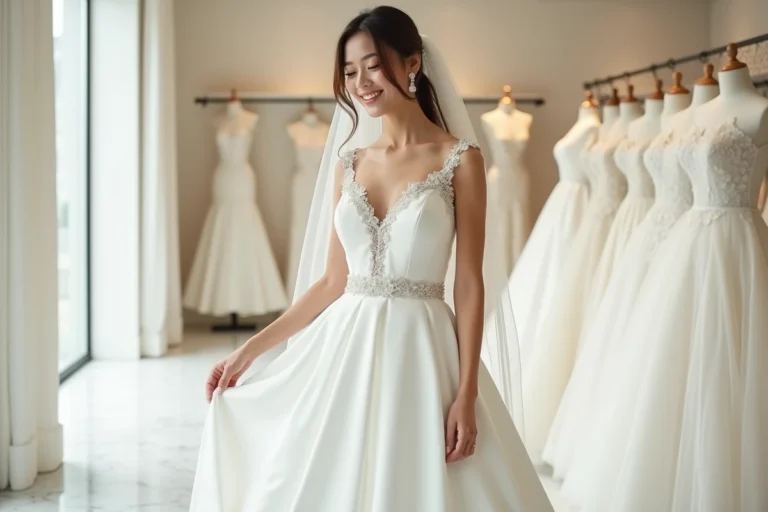 Jeune mariée essayant une robe de mariée élégante et abordable en boutique, style tendance 2024
