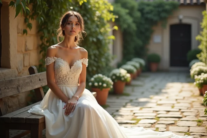 Mariée assise dans un jardin romantique portant une robe de mariée tendance 2024 avec broderies florales