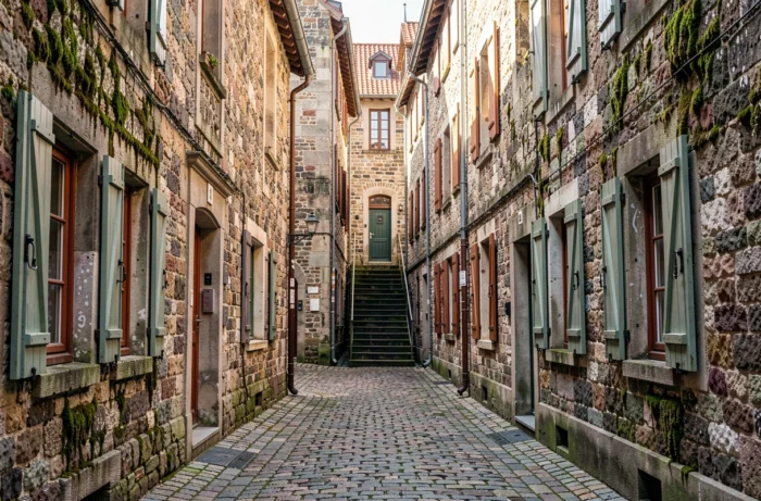 Ruelle pavée du quartier du Grund à Luxembourg avec maisons en pierre historiques et escaliers médiévaux