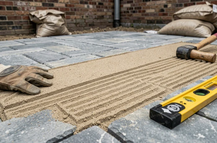 Gros plan sur du sable compacté entre des pavés lors d'une pose de terrasse extérieure professionnelle