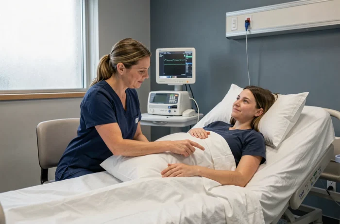 Sage-femme expliquant les positions de sommeil recommandées à une patiente enceinte souffrant de décollement placentaire dans un environnement hospitalier