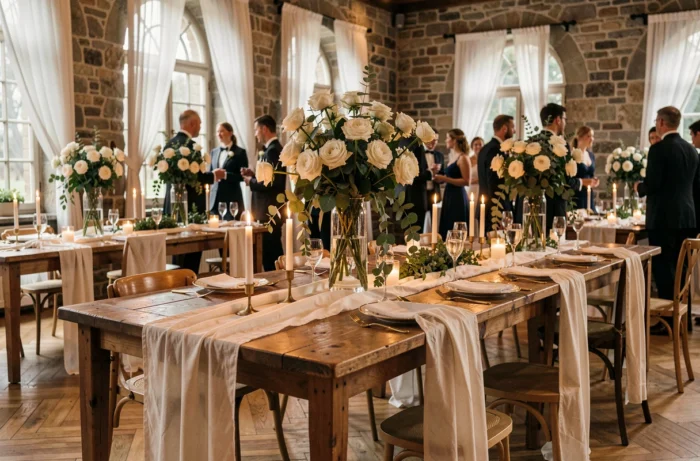 Salle de réception de mariage élégamment décorée avec tables fleuries, bougies et vaisselle dorée lors d'un dîner festif