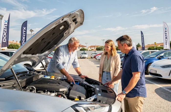 Visiteurs découvrant un véhicule électrique lors d'un salon automobile en plein air à Rognac
