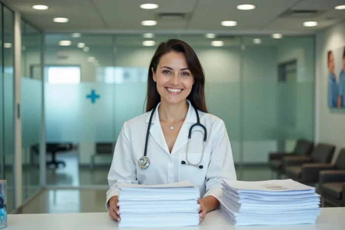 Secrétaire médicale souriante accueillant des patients dans un cabinet médical moderne