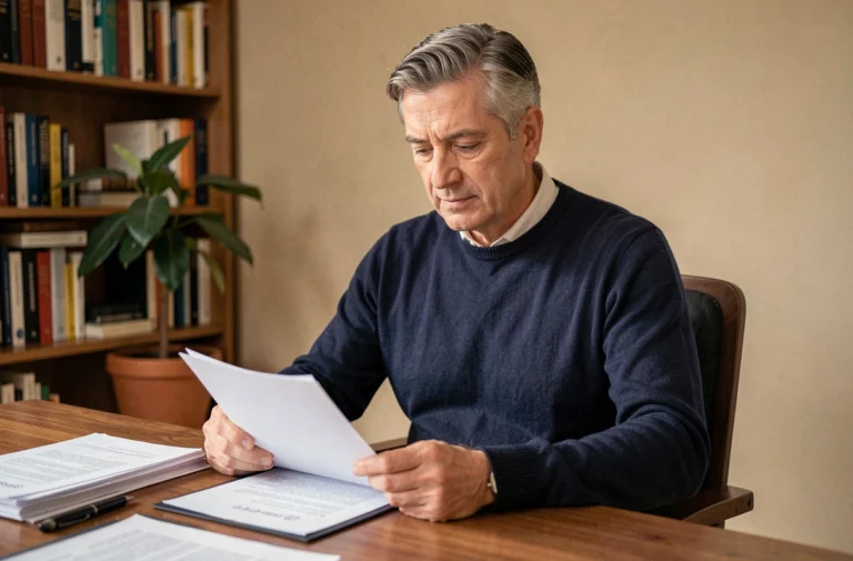 Senior homme d'une cinquantaine d'années examinant des documents administratifs liés à la dispense de recherche d'emploi à son bureau à domicile