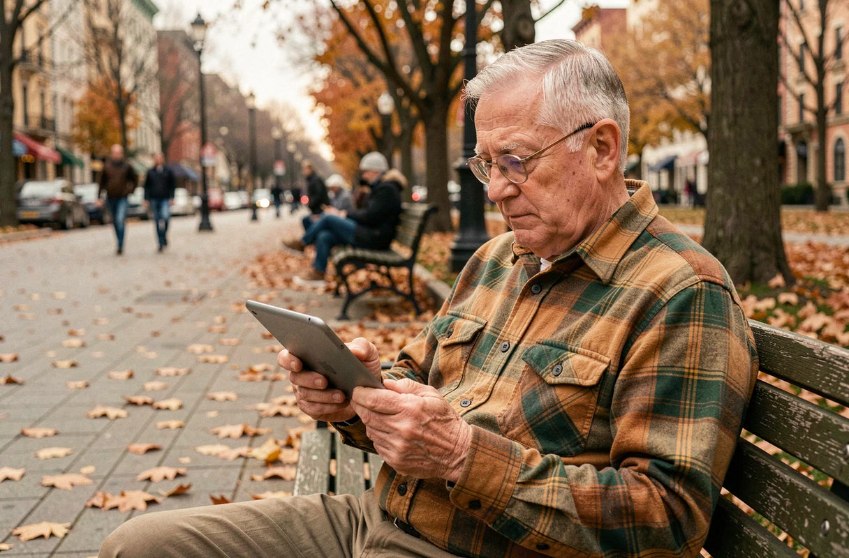 Homme senior consultant des informations sur les droits à la dispense de recherche d'emploi sur une tablette dans un parc en automne