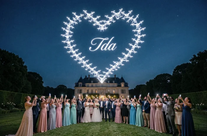 Spectacle de drones lumineux formant un cœur dans le ciel nocturne en clôture d'une soirée de mariage en extérieur